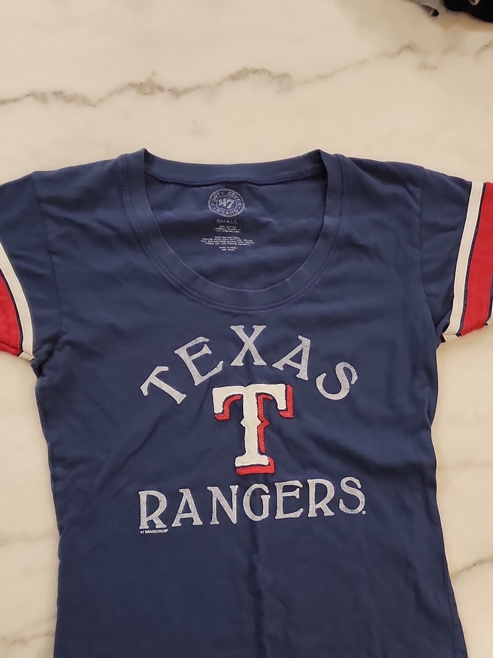 47 Brand Texas Rangers Navy Tee with Cream and Red Logo